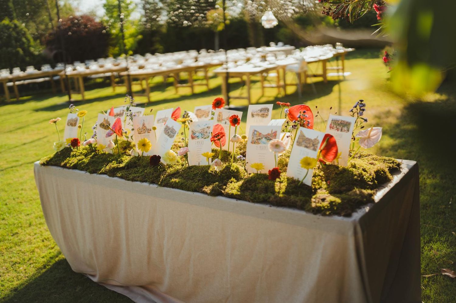 Seating plan con acuarelas de ciudades sobre musgo y flores